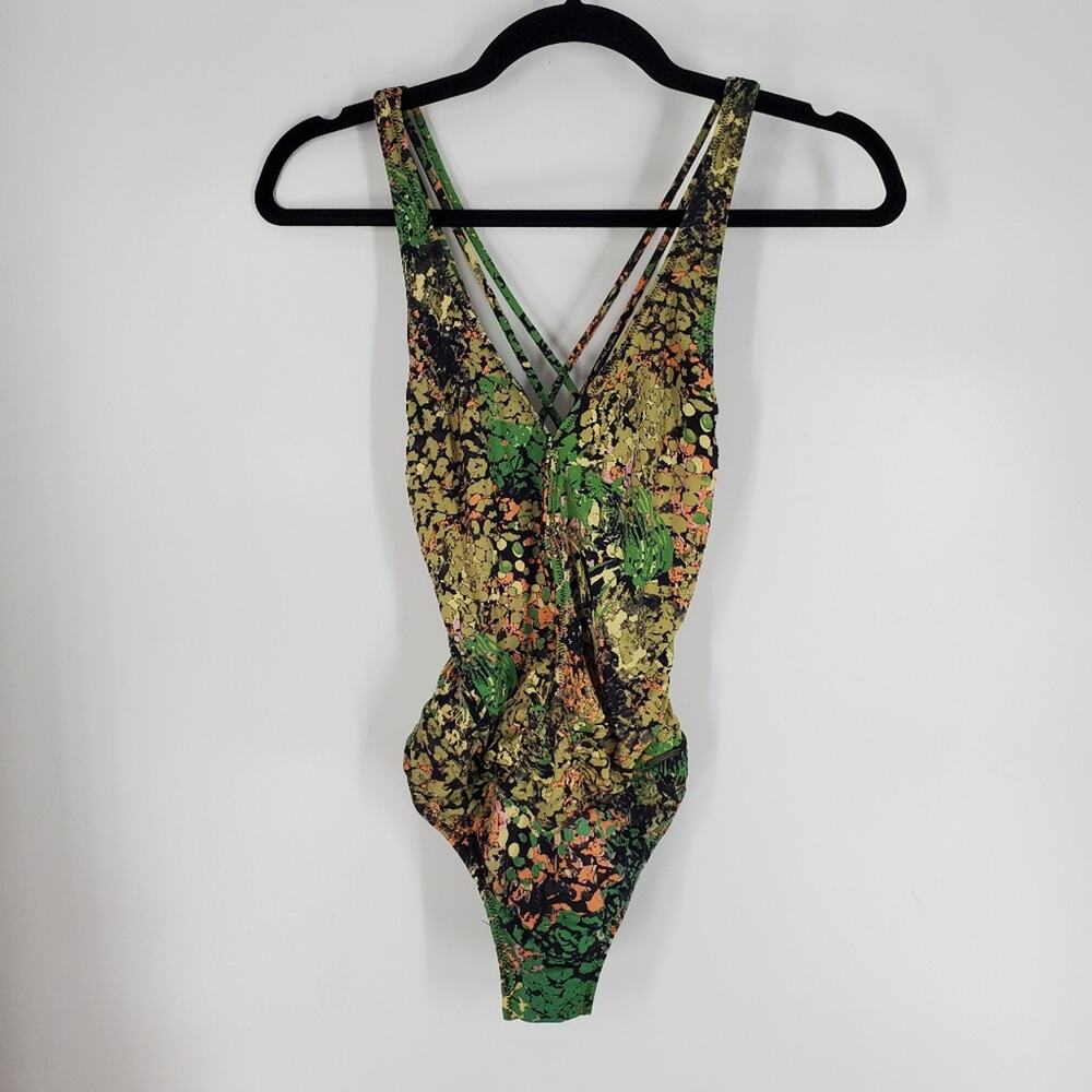 Insight Green Multi Print Strappy Open Back Once Piece Swimsuit 4